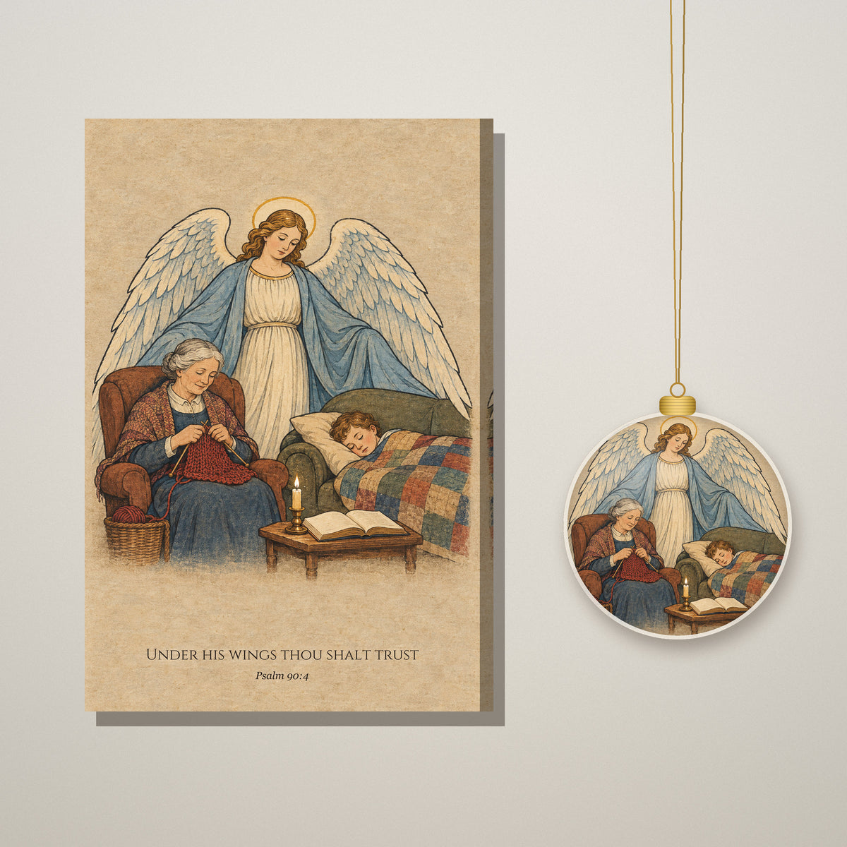 Under His Wings Ceramic Ornament - Catholic Christmas Ornament, styled in the home
