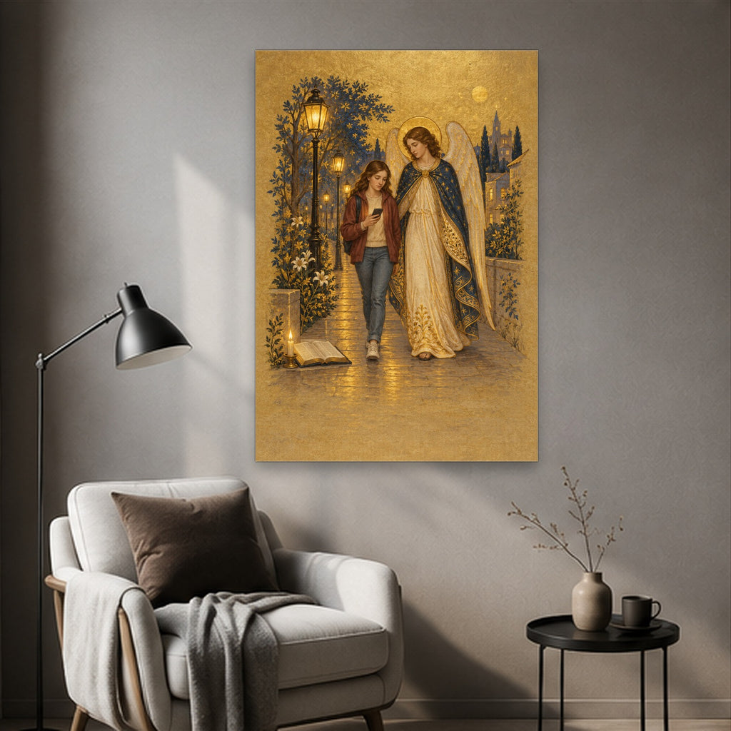 Under His Wings in Manuscript Canvas Wall Art - Catholic Wall Art, styled in the home