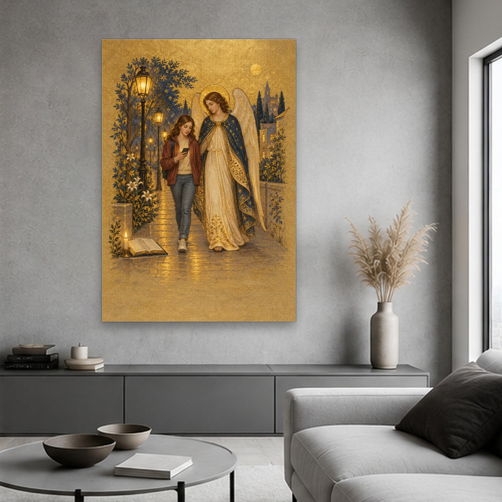 Under His Wings in Manuscript Canvas Wall Art - Catholic Wall Art, hanging display