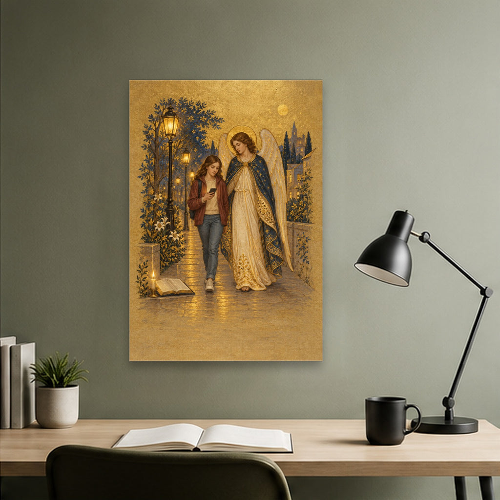 Under His Wings in Manuscript Canvas Wall Art - Catholic Wall Art, close-up of the print