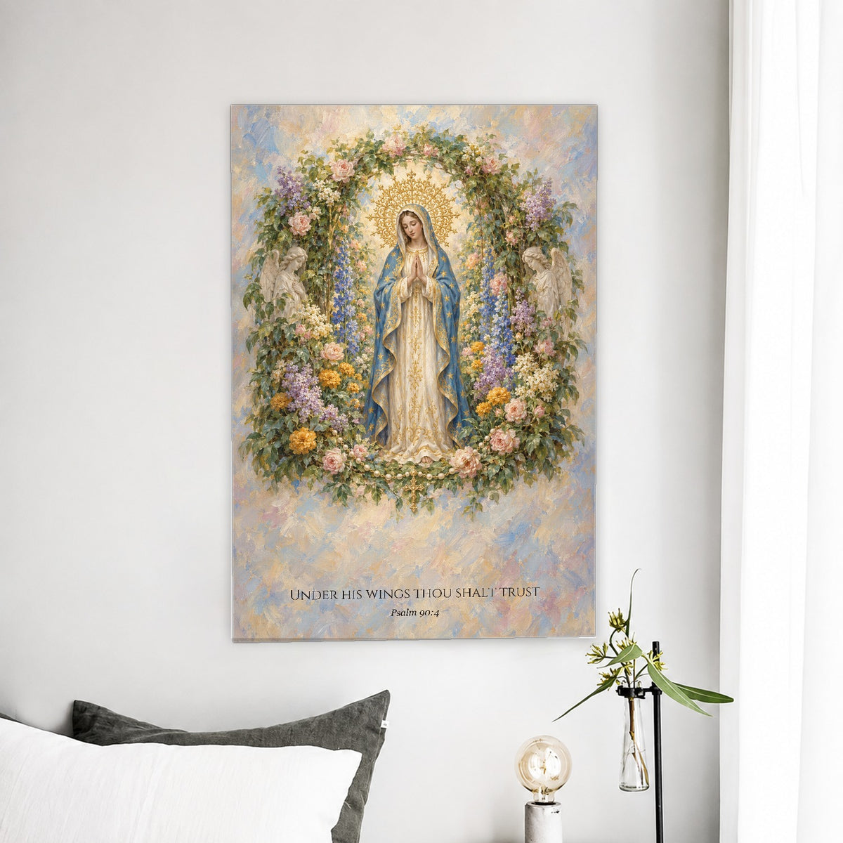 Under His Wings in Stained Glass Canvas Wall Art - Catholic Wall Art, detail view