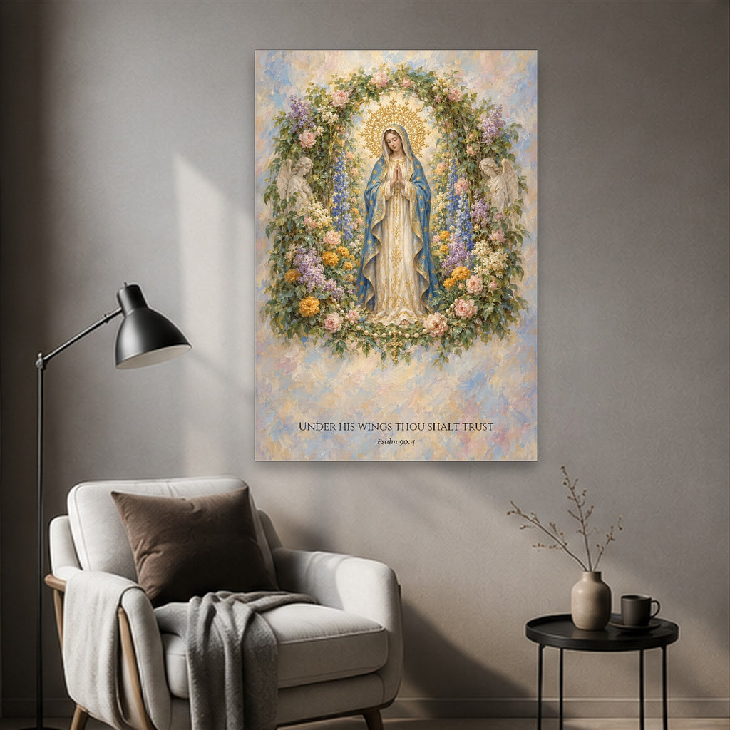 Under His Wings in Stained Glass Canvas Wall Art - Catholic Wall Art, styled in the home