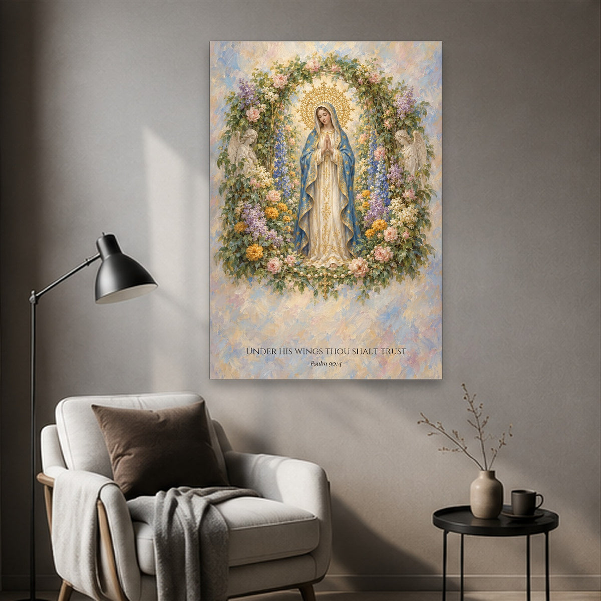 Under His Wings in Stained Glass Canvas Wall Art - Catholic Wall Art, styled in the home
