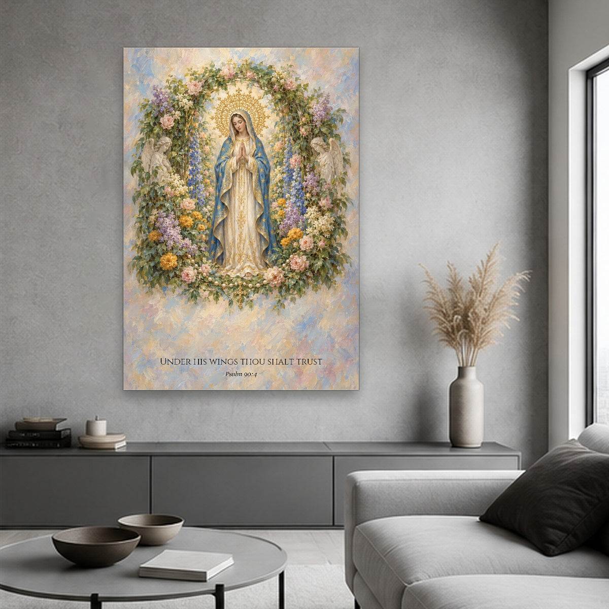 Under His Wings in Stained Glass Canvas Wall Art - Catholic Wall Art, hanging display