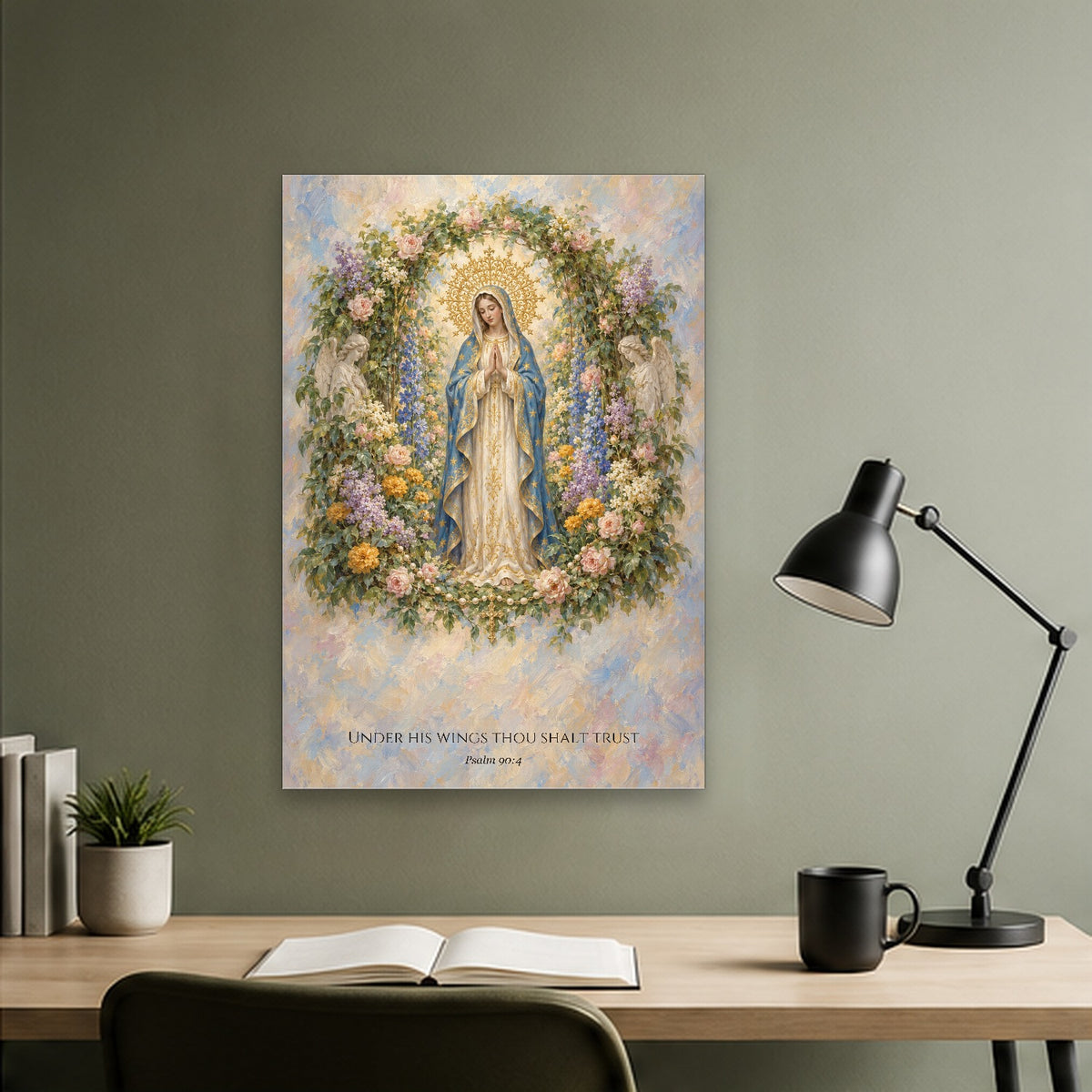 Under His Wings in Stained Glass Canvas Wall Art - Catholic Wall Art, close-up of the print