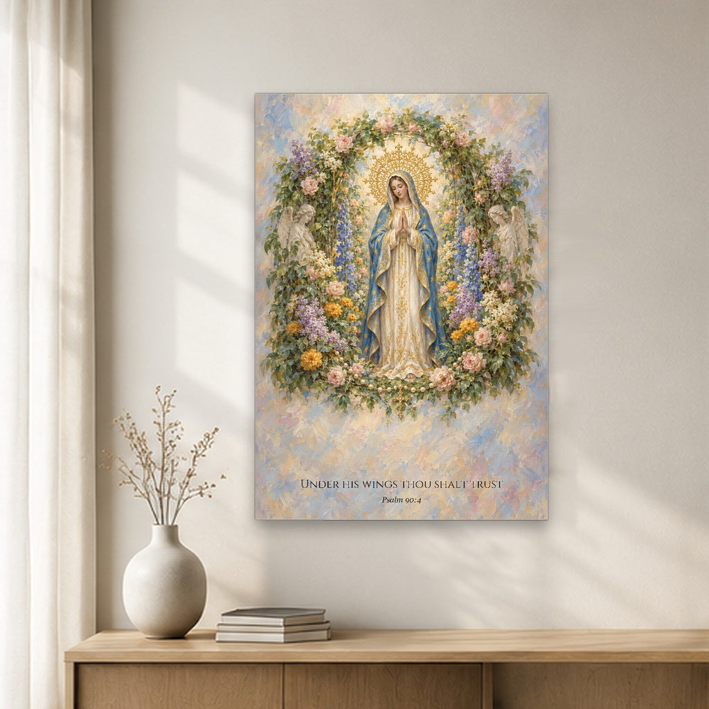 Under His Wings in Stained Glass Canvas Wall Art - Catholic Wall Art, gift presentation