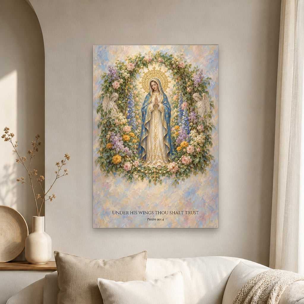 Under His Wings in Stained Glass Canvas Wall Art - Catholic Wall Art, scale reference