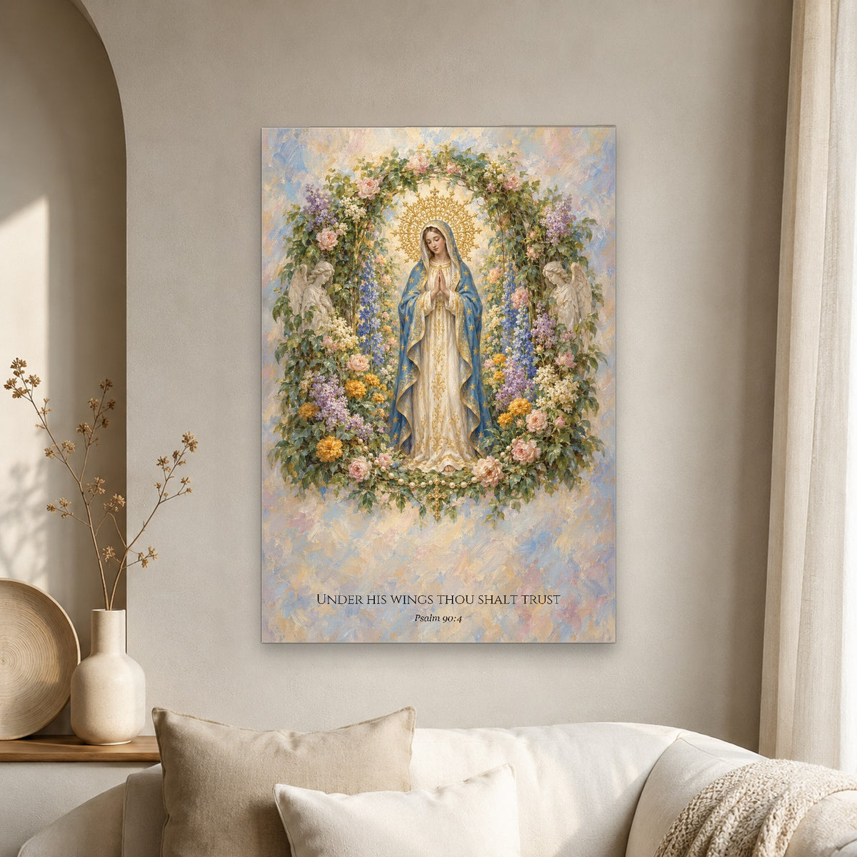 Under His Wings in Stained Glass Canvas Wall Art - Catholic Wall Art, scale reference