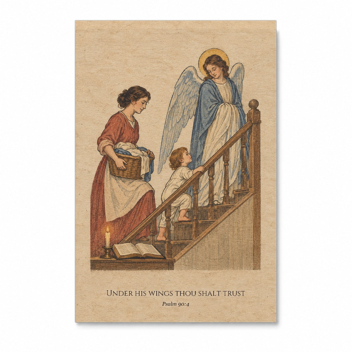 Under His Wings in Woodblock Canvas Wall Art - Catholic Wall Art, front view