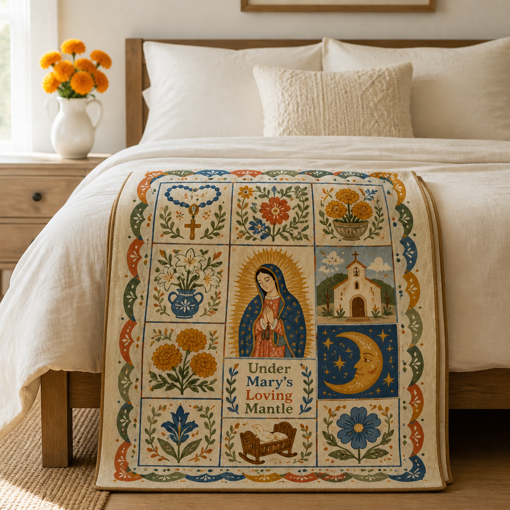 Under Mary's Mantle Fleece Blanket - Christian Blanket, styled in the home