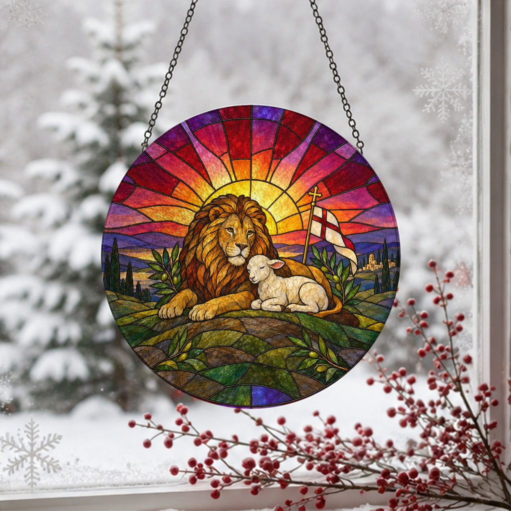 Vicit Leo II Glass Suncatcher - Catholic Suncatcher, detail view
