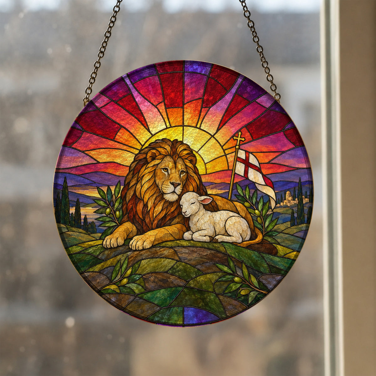 Vicit Leo II Glass Suncatcher - Catholic Suncatcher, styled in the home