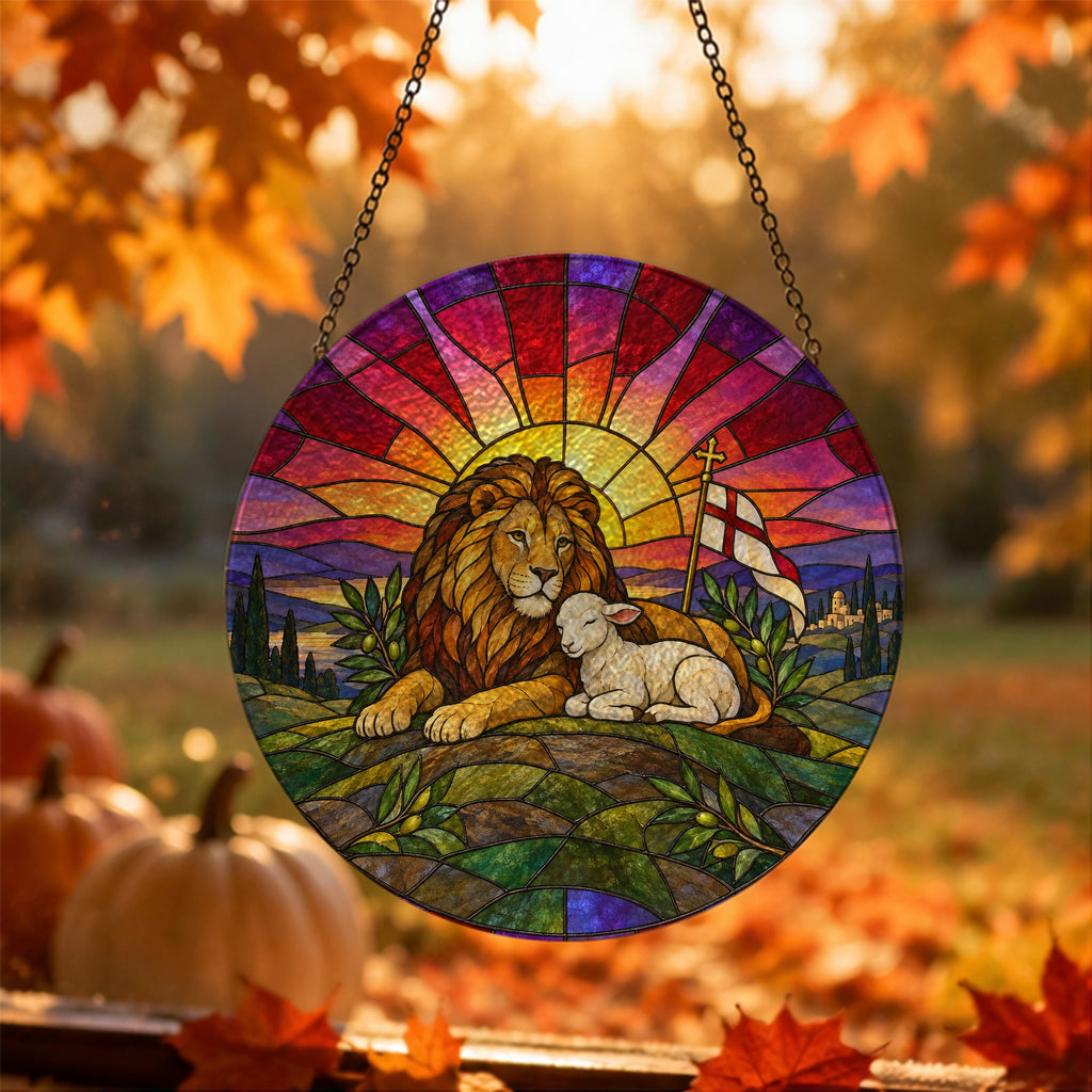 Vicit Leo II Glass Suncatcher - Catholic Suncatcher, hanging display