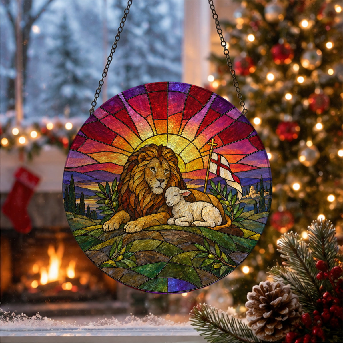 Vicit Leo II Glass Suncatcher - Catholic Suncatcher, close-up of the print
