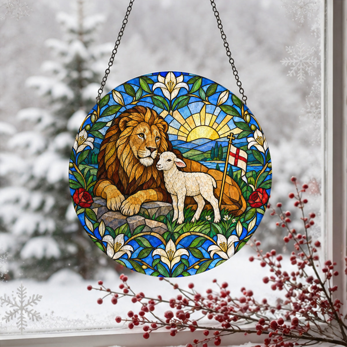Vicit Leo III Glass Suncatcher - Catholic Suncatcher, detail view