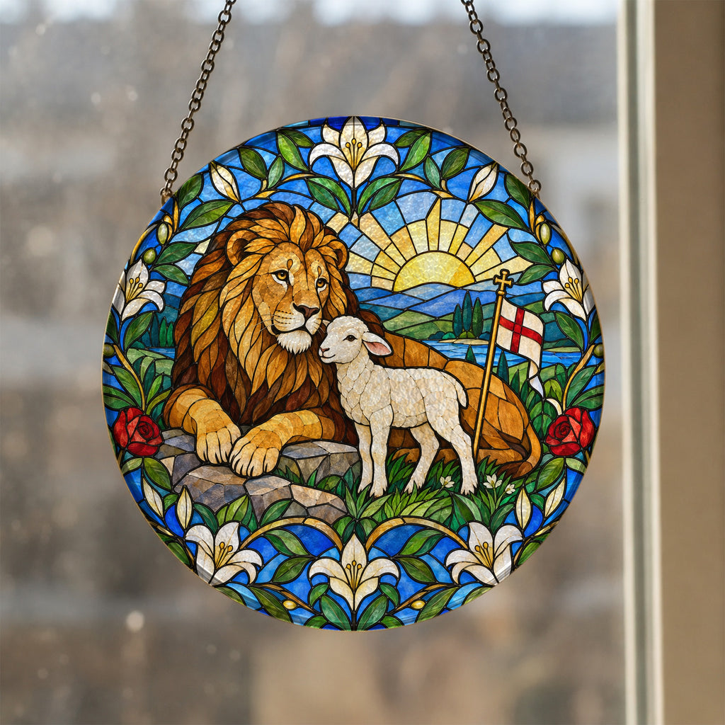 Vicit Leo III Glass Suncatcher - Catholic Suncatcher, styled in the home