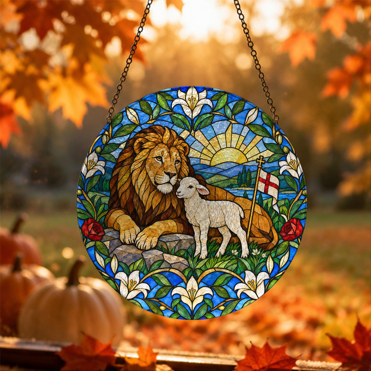 Vicit Leo III Glass Suncatcher - Catholic Suncatcher, hanging display