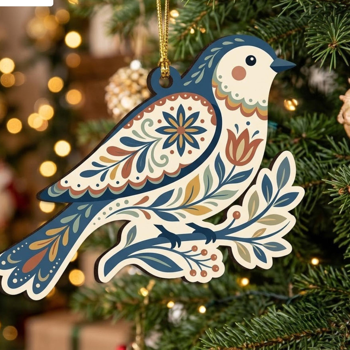 Vintage Folk Art Bird Floral Acrylic Ornament - Acrylic Christmas Ornament, front view