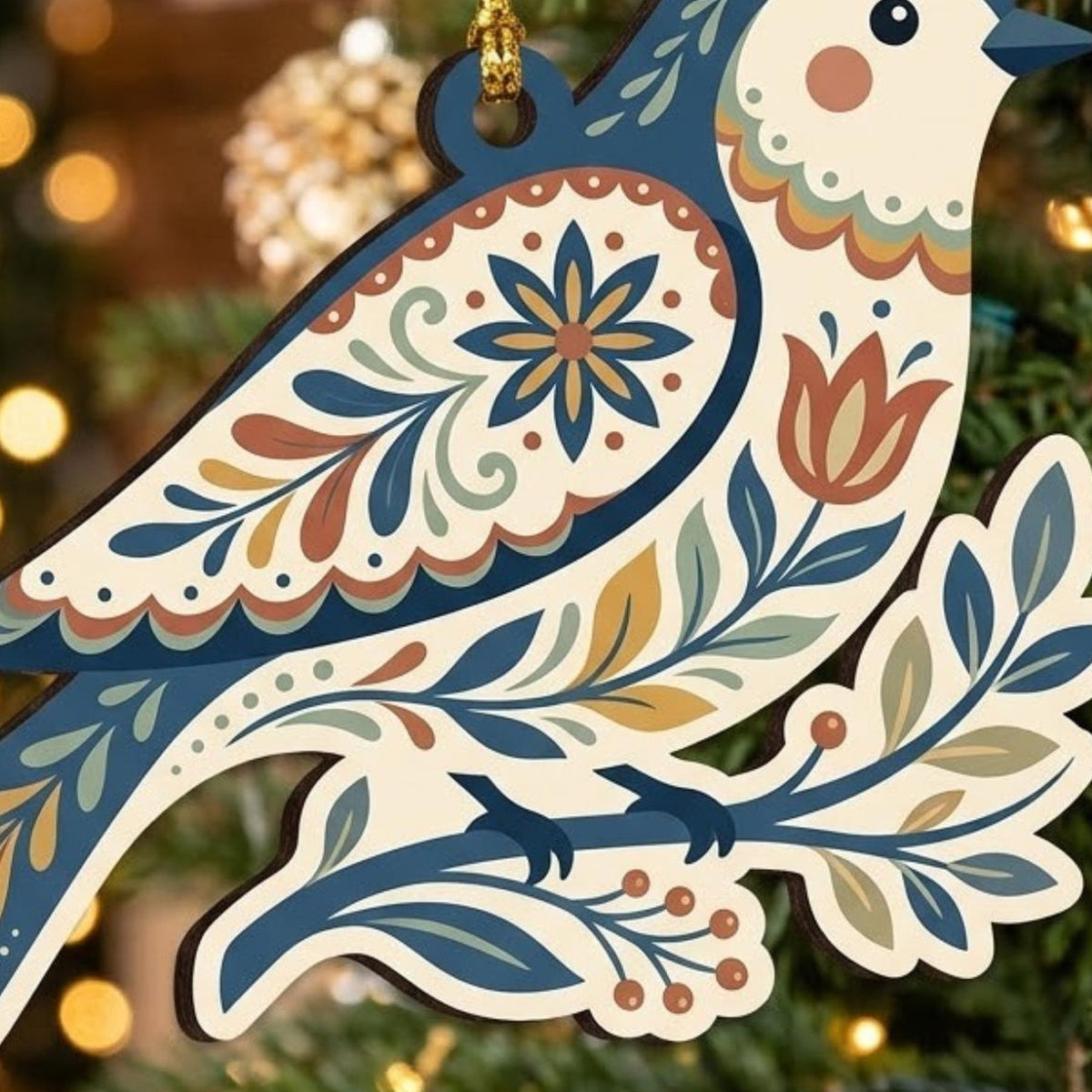 Vintage Folk Art Bird Floral Acrylic Ornament - Acrylic Christmas Ornament, detail view