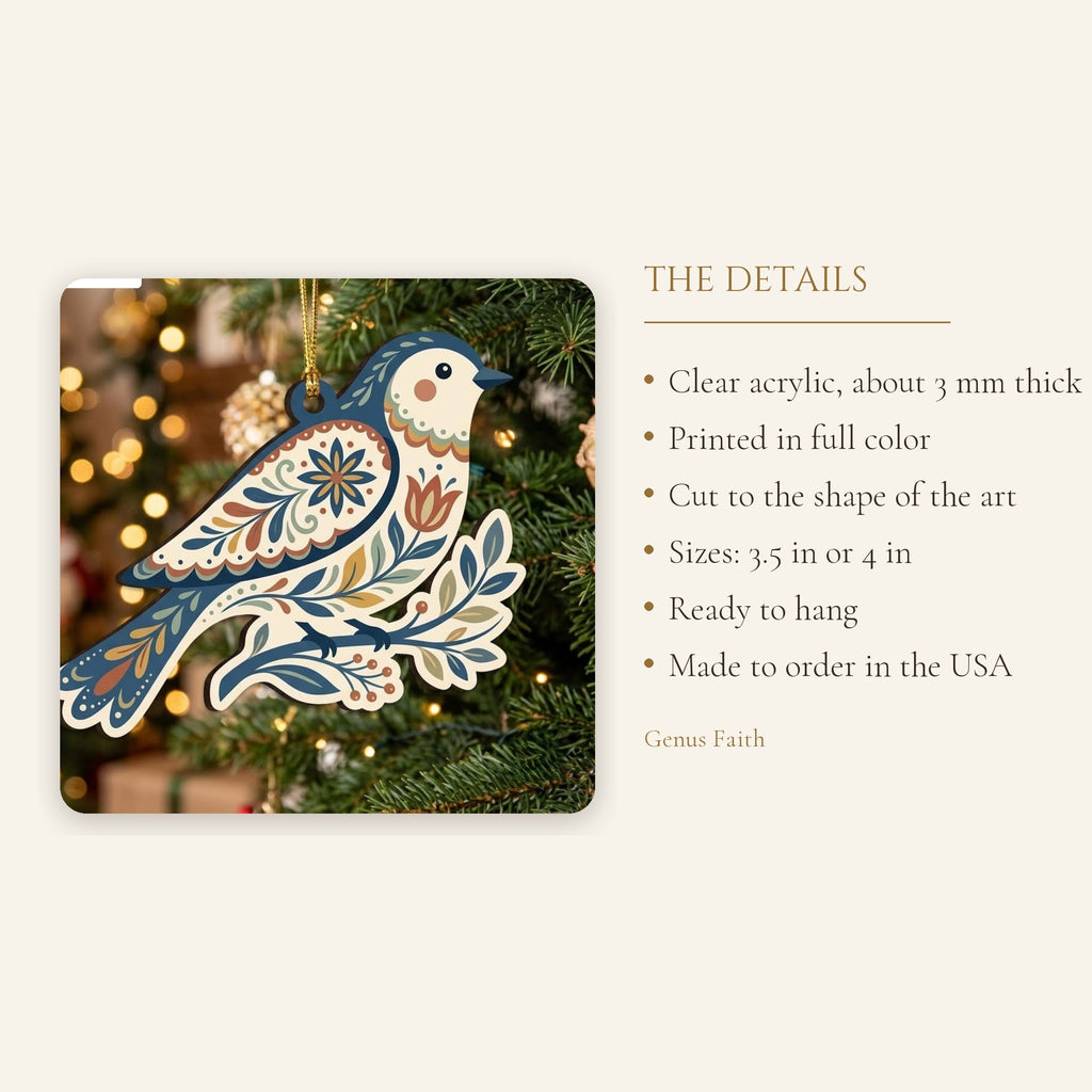 Vintage Folk Art Bird Floral Acrylic Ornament - Acrylic Christmas Ornament, styled in the home