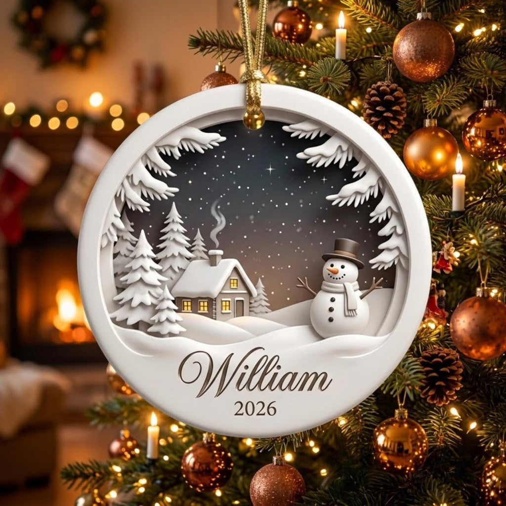 Winter Night Snowman Cottage Scene Acrylic Ornament - Acrylic Christmas Ornament, front view