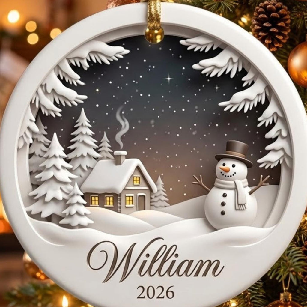 Winter Night Snowman Cottage Scene Acrylic Ornament - Acrylic Christmas Ornament, detail view