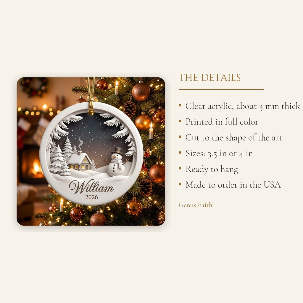 Winter Night Snowman Cottage Scene Acrylic Ornament - Acrylic Christmas Ornament, styled in the home