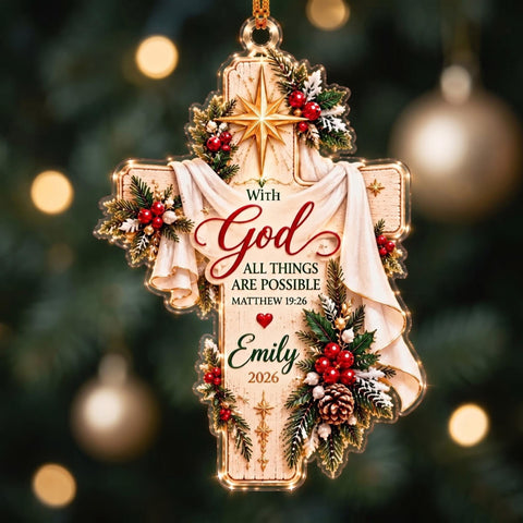 With God All Things Are Possible Cross Acrylic Ornament - Acrylic Christmas Ornament, front view
