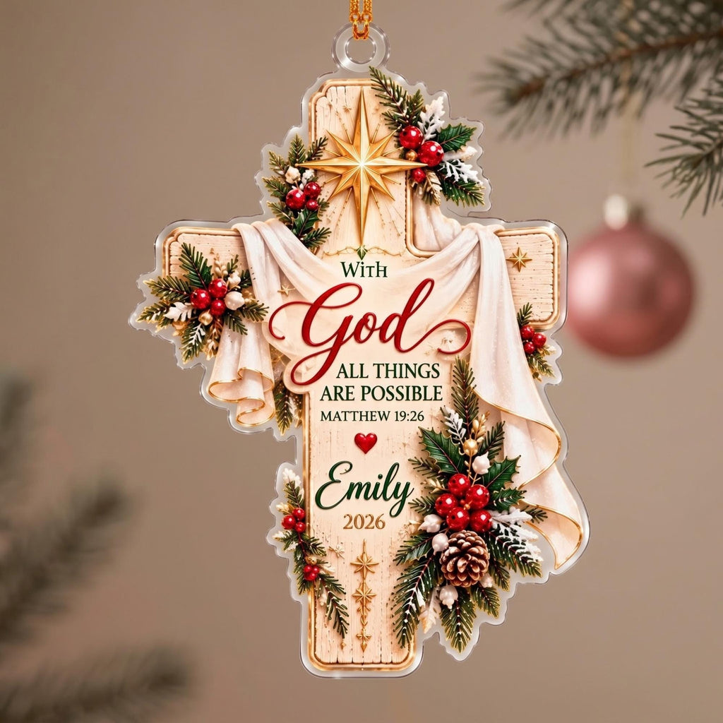 With God All Things Are Possible Cross Acrylic Ornament - Acrylic Christmas Ornament, detail view