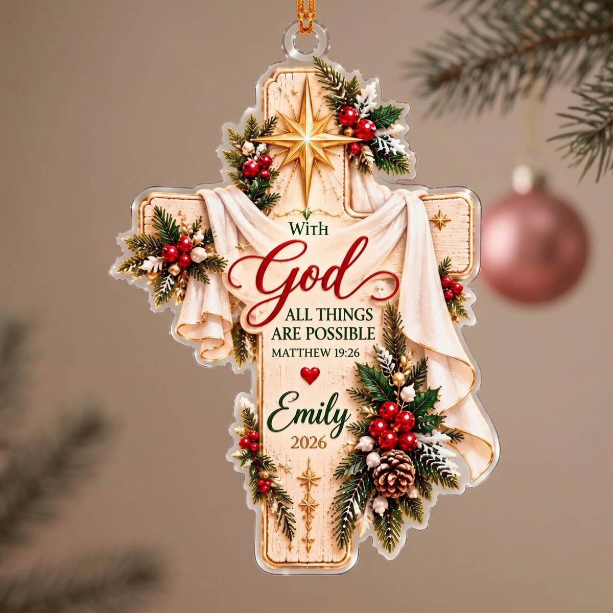 With God All Things Are Possible Cross Acrylic Ornament - Acrylic Christmas Ornament, detail view