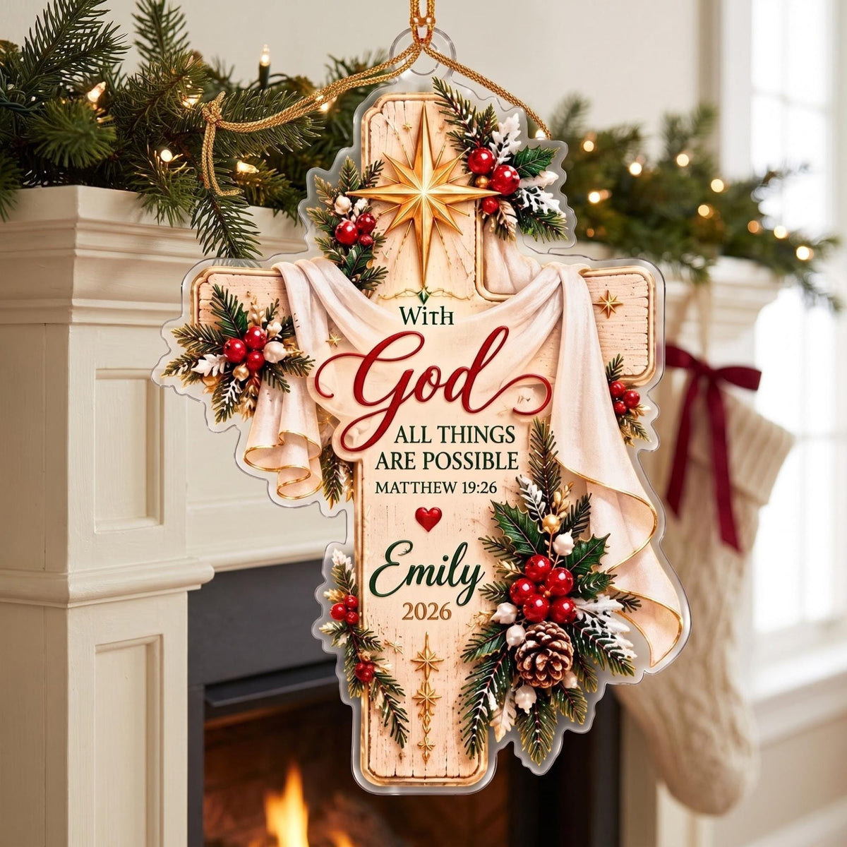 With God All Things Are Possible Cross Acrylic Ornament - Acrylic Christmas Ornament, styled in the home