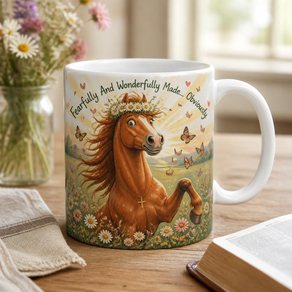 Wonderfully Made Mare Ceramic Mug - Christian Coffee Mug, front view