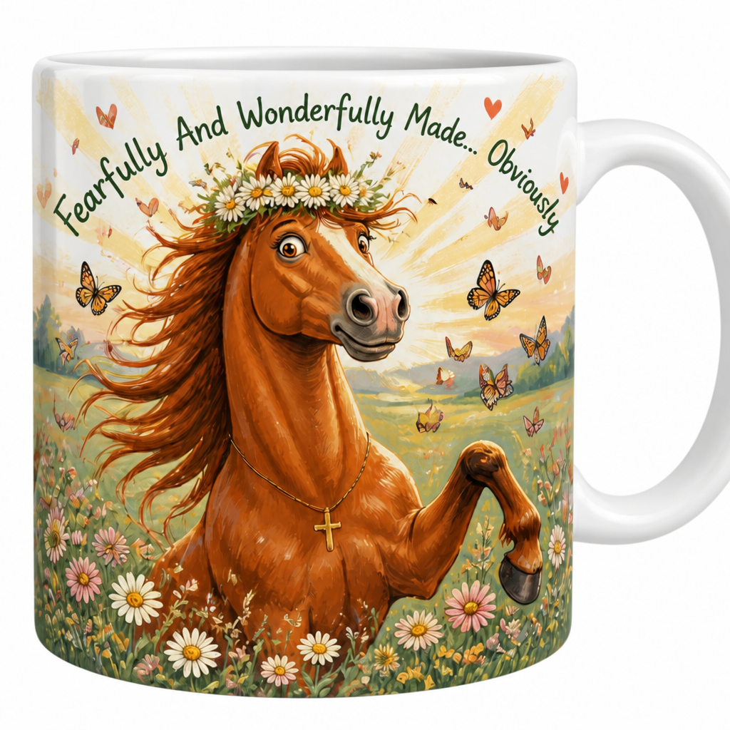 Wonderfully Made Mare Ceramic Mug - Christian Coffee Mug, detail view