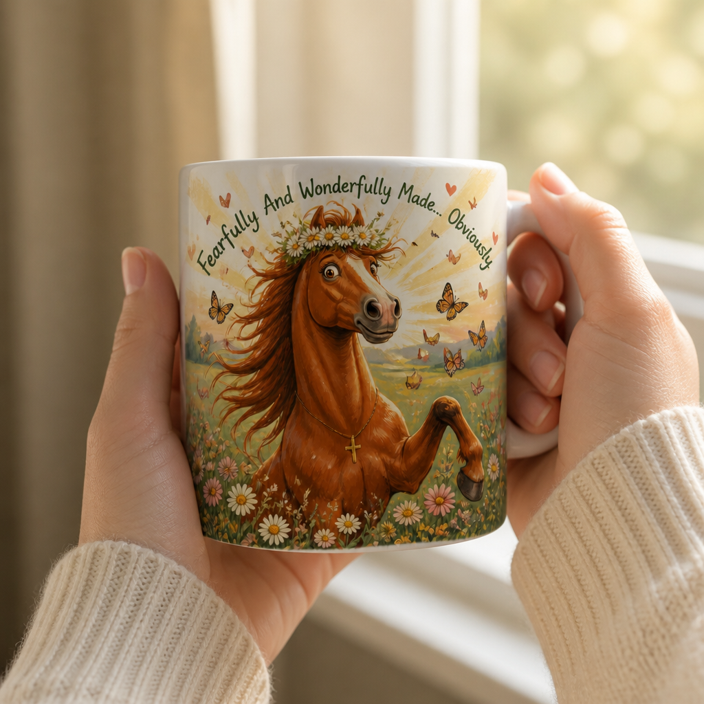 Wonderfully Made Mare Ceramic Mug - Christian Coffee Mug, styled in the home