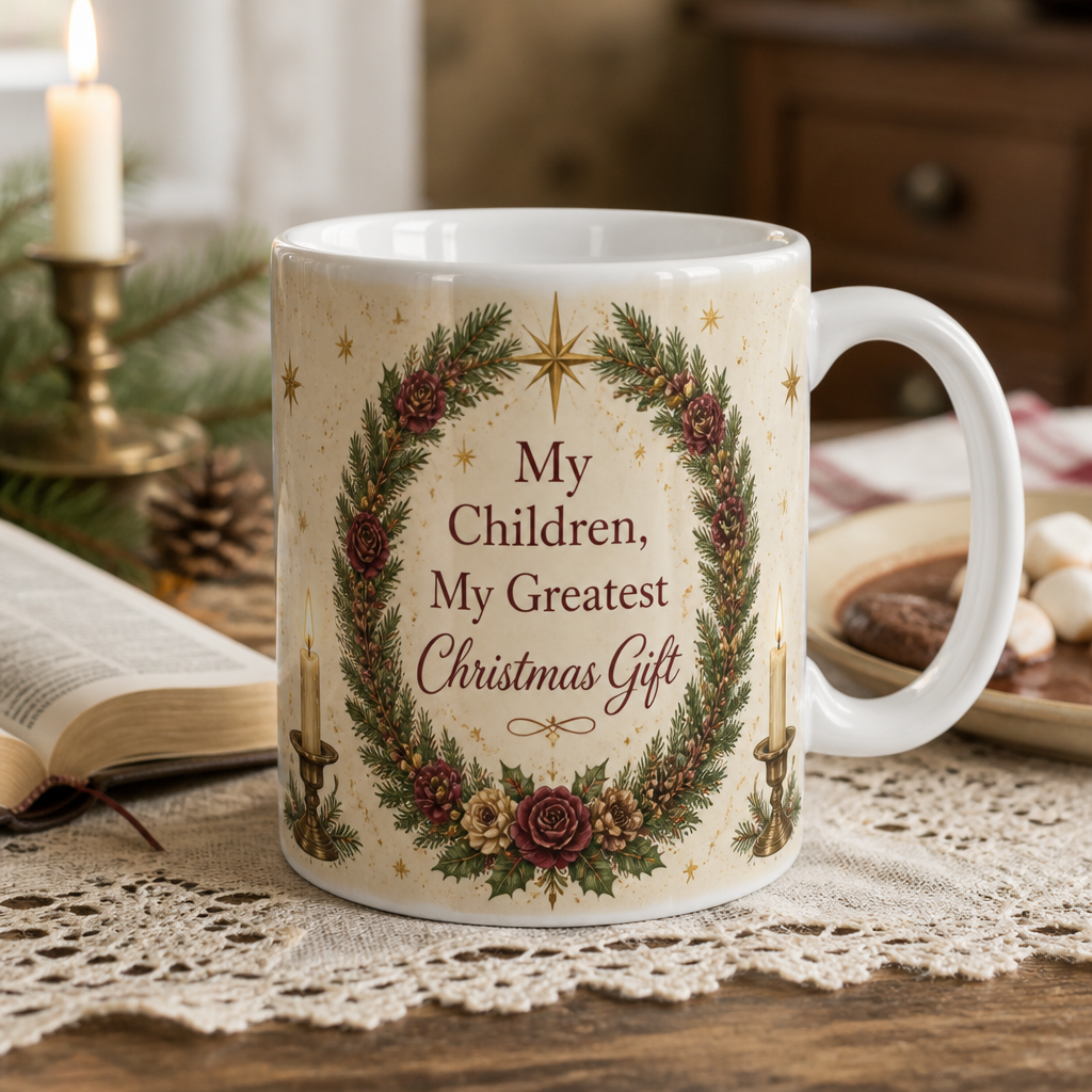 Wreath Of Blessings Ceramic Mug - Christian Coffee Mug, front view