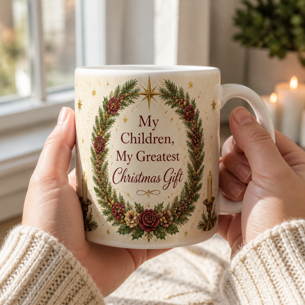 Wreath Of Blessings Ceramic Mug - Christian Coffee Mug, styled in the home