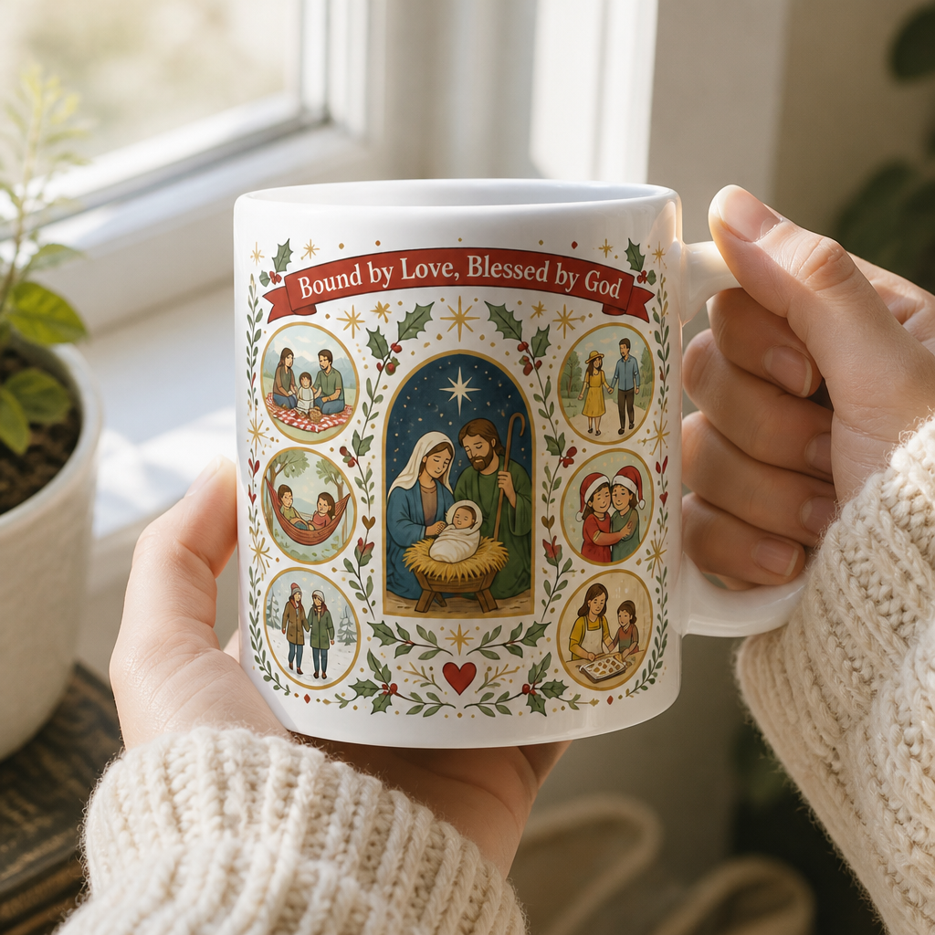 Wreath Of Family Blessings Ceramic Mug - Christian Coffee Mug, styled in the home